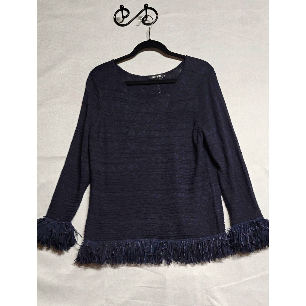 NIC+ZOE Navy Knit Fringe Hem 3/4 Sleeve Pullover Round Neck Top Size L